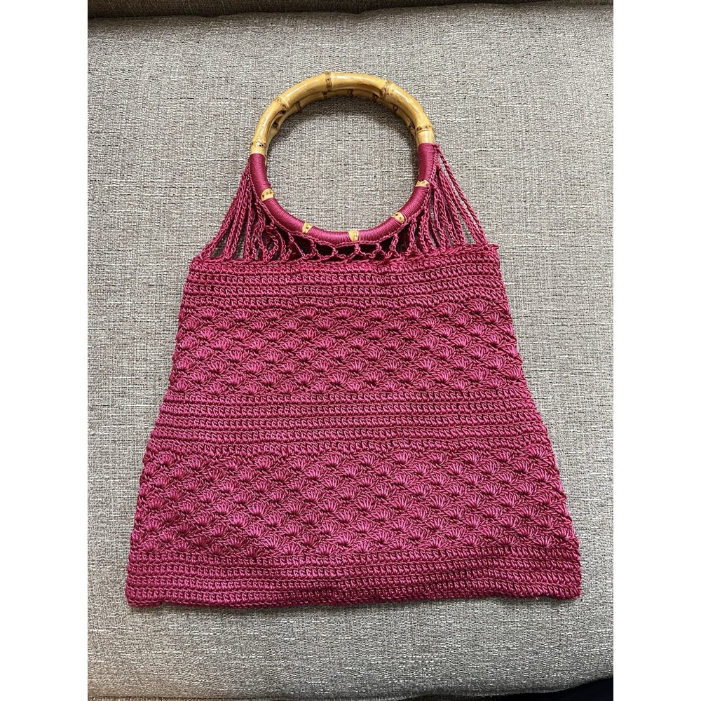 Vintage Handmade Crochet Knit Bag Wooden Top Handles Natural Boho